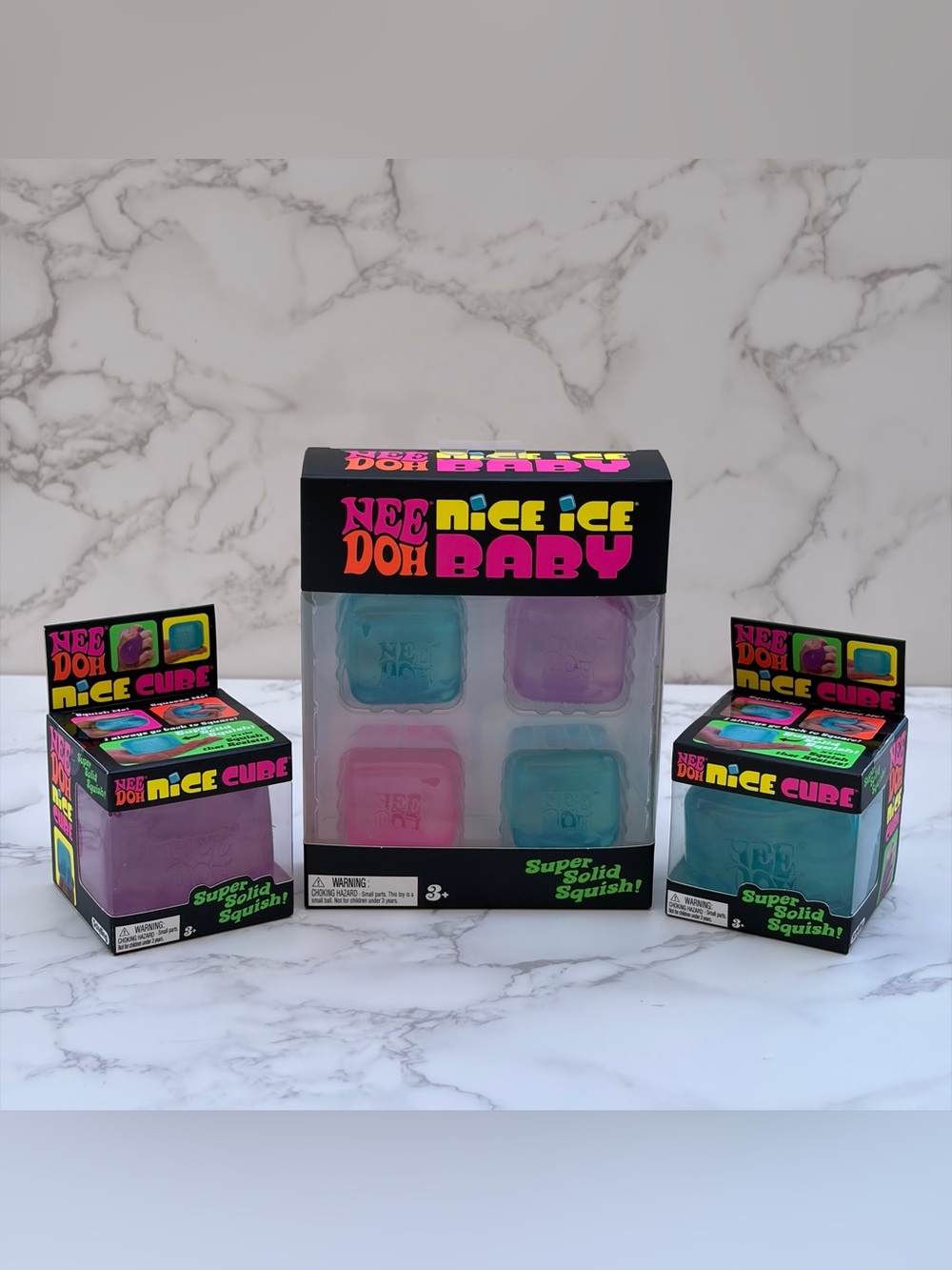 Lot of 3: NeeDoh Nice Cube Pink/Blue Nice Ice Baby Fidget Toy Squishy